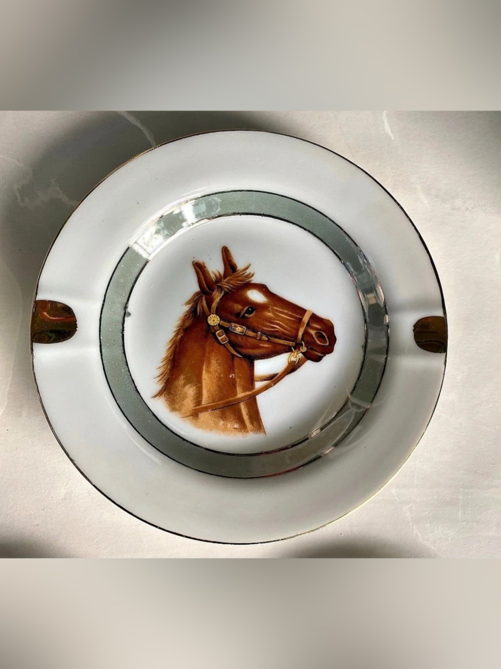 Vintage Horse Head Portrait Ash Tray 5.5" Made In Japan Gold Edge